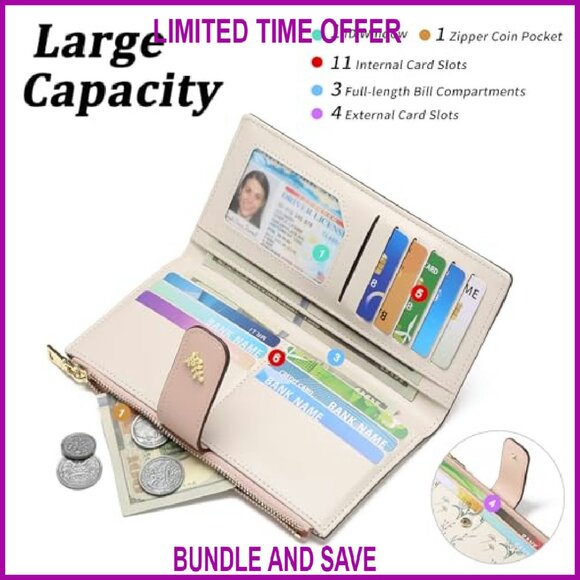 Slim RFID Vegan Leather Bifold Wallet with Zipper Pocket Card Holder - Picture 4 of 7